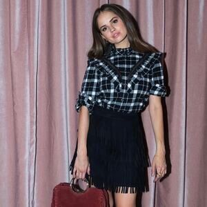 Kate Spade Black Plaid Flannel Plaid Ruffle Blouse NWT